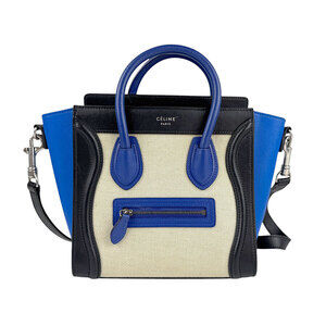 Celine Luggage Shopper Shoulder Bag Leather Canvas Black Blue Ivory White